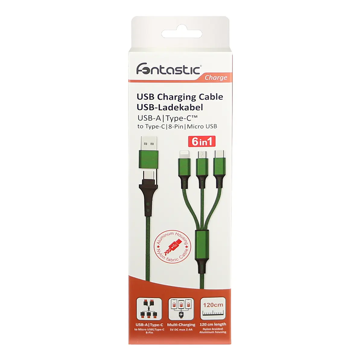 Fontastic 6in1 Ladekabel USB-A/Type-C/8-Pin/Micro USB 1.2m grün