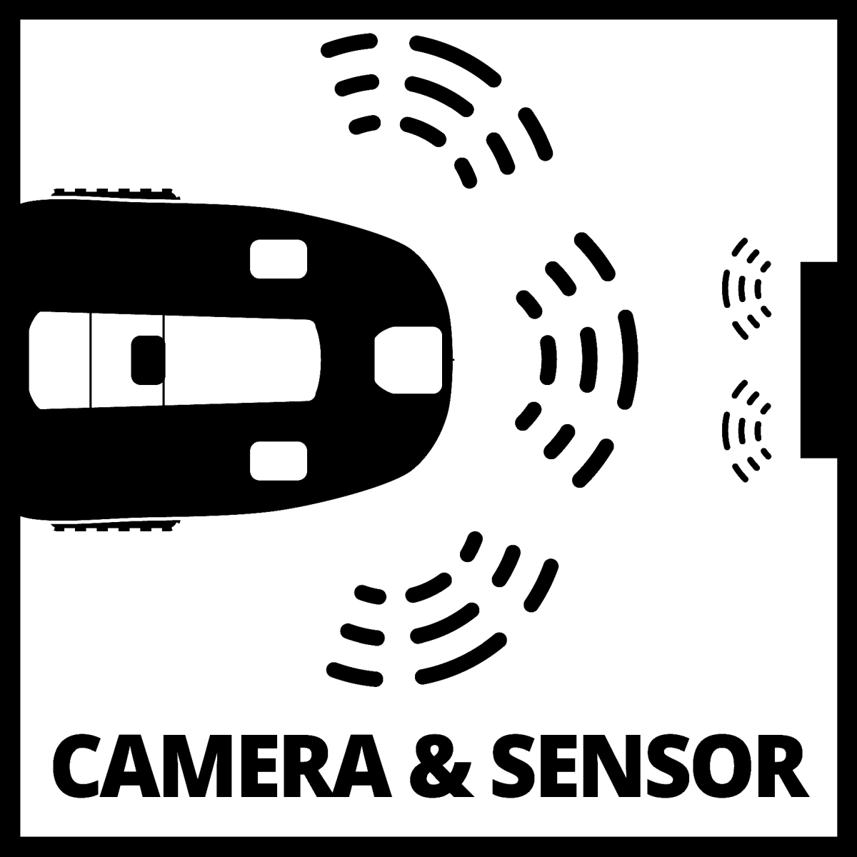 Eine Abbildung des Einhell Mähroboters seiner Sensoren und dem Schriftzug "CAMERA & SENSOR" in schwarz-weiß