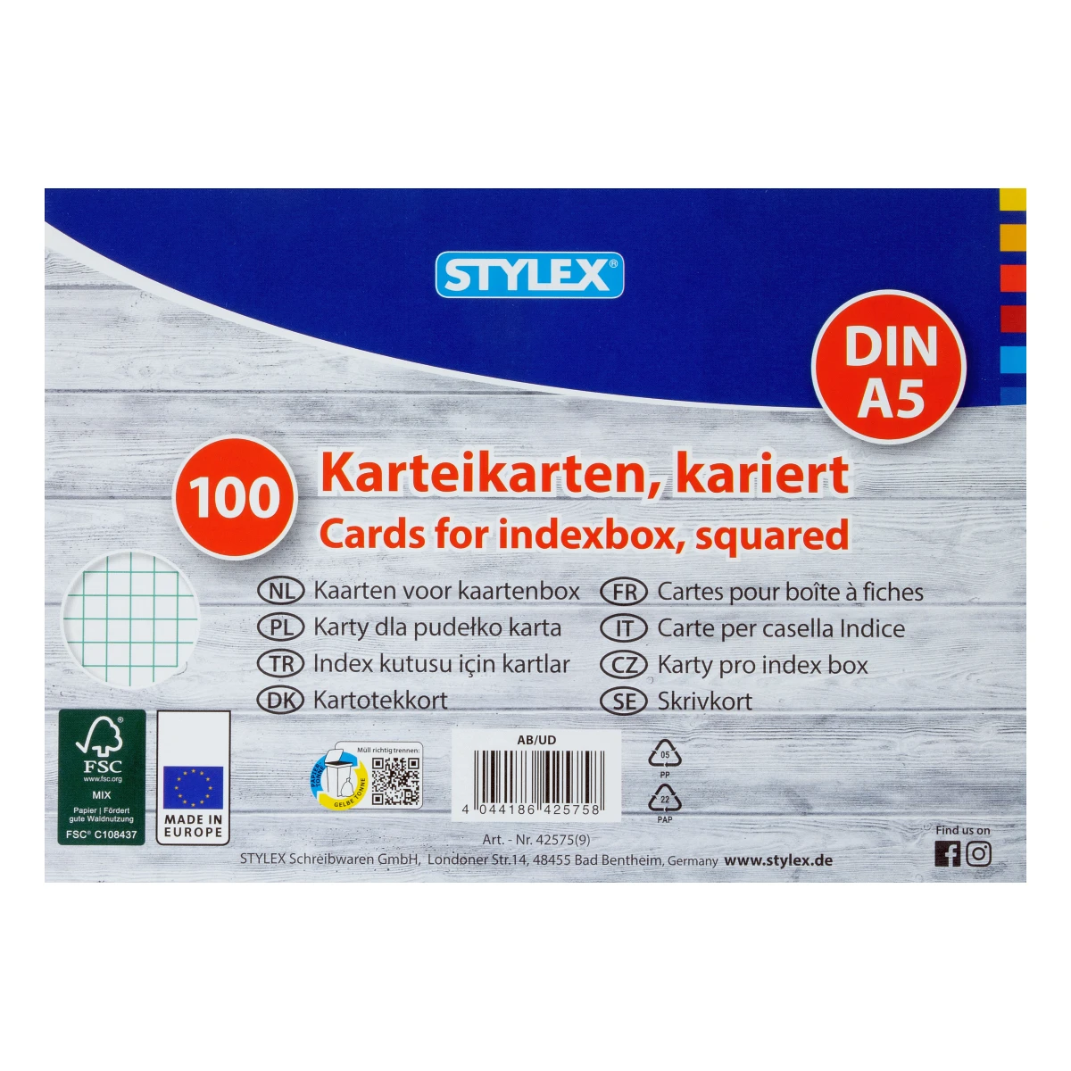 Stylex Karteikarten, DIN A5, kariert, 100 Stück, FSC