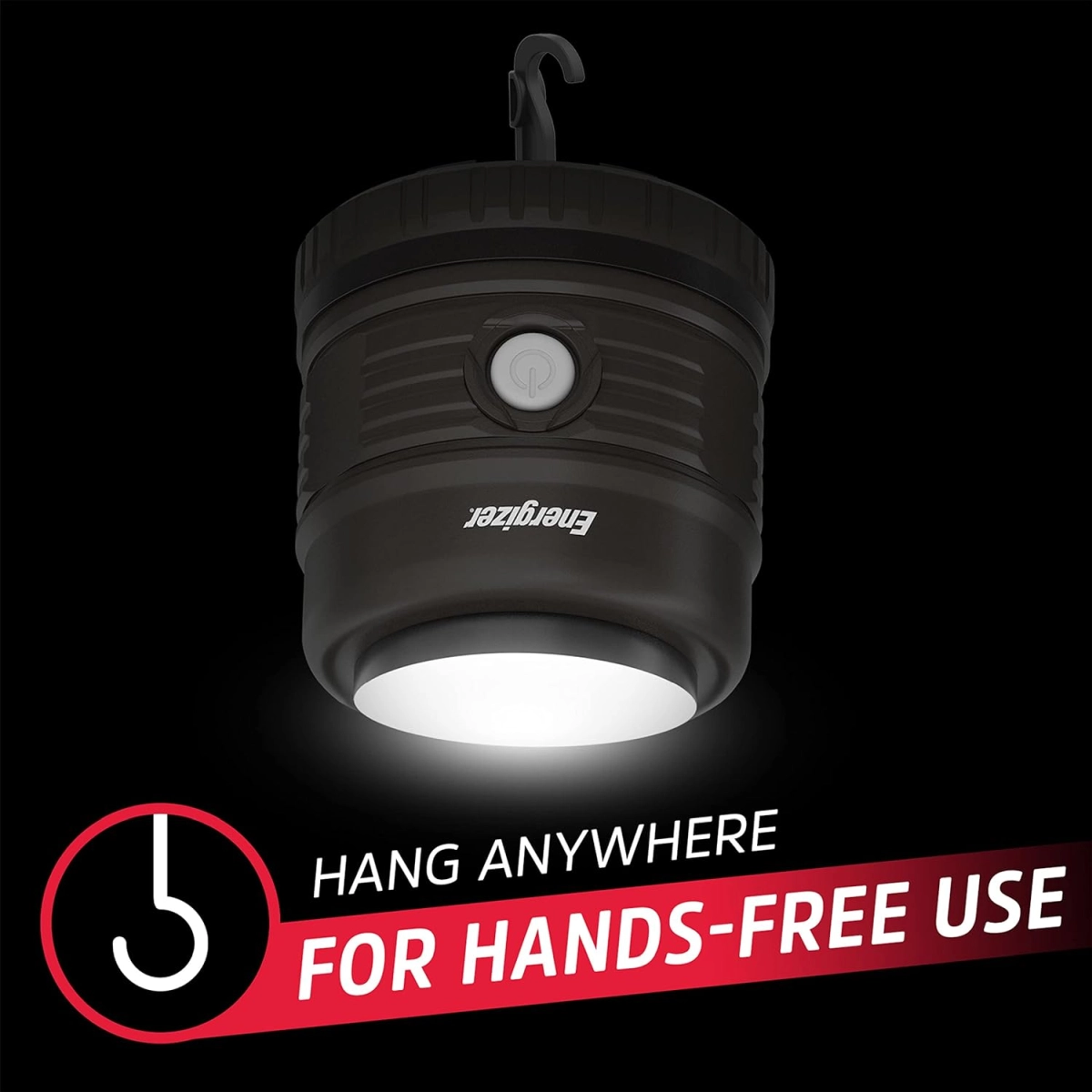 Energizer LED Campinglampe Doppelpack in schwarz vor einem schwarzen Hintergrund mit dem Schriftzug "Hang anywhere for hands-free use"