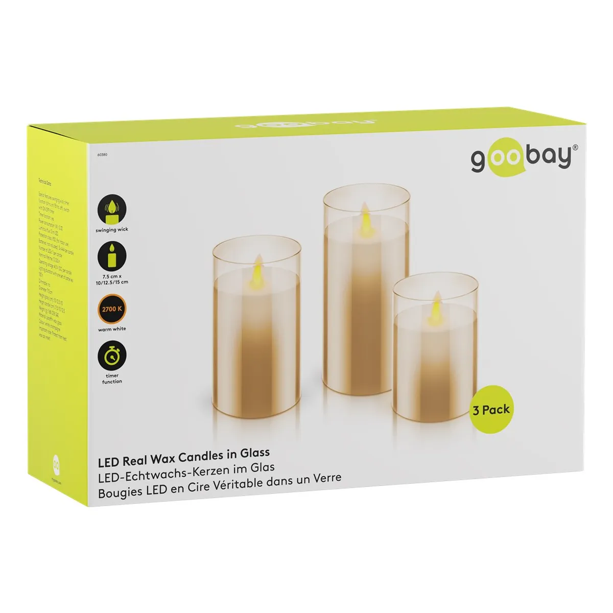 Goobay 3er-Set LED-Echtwachs-Kerzen im Glas