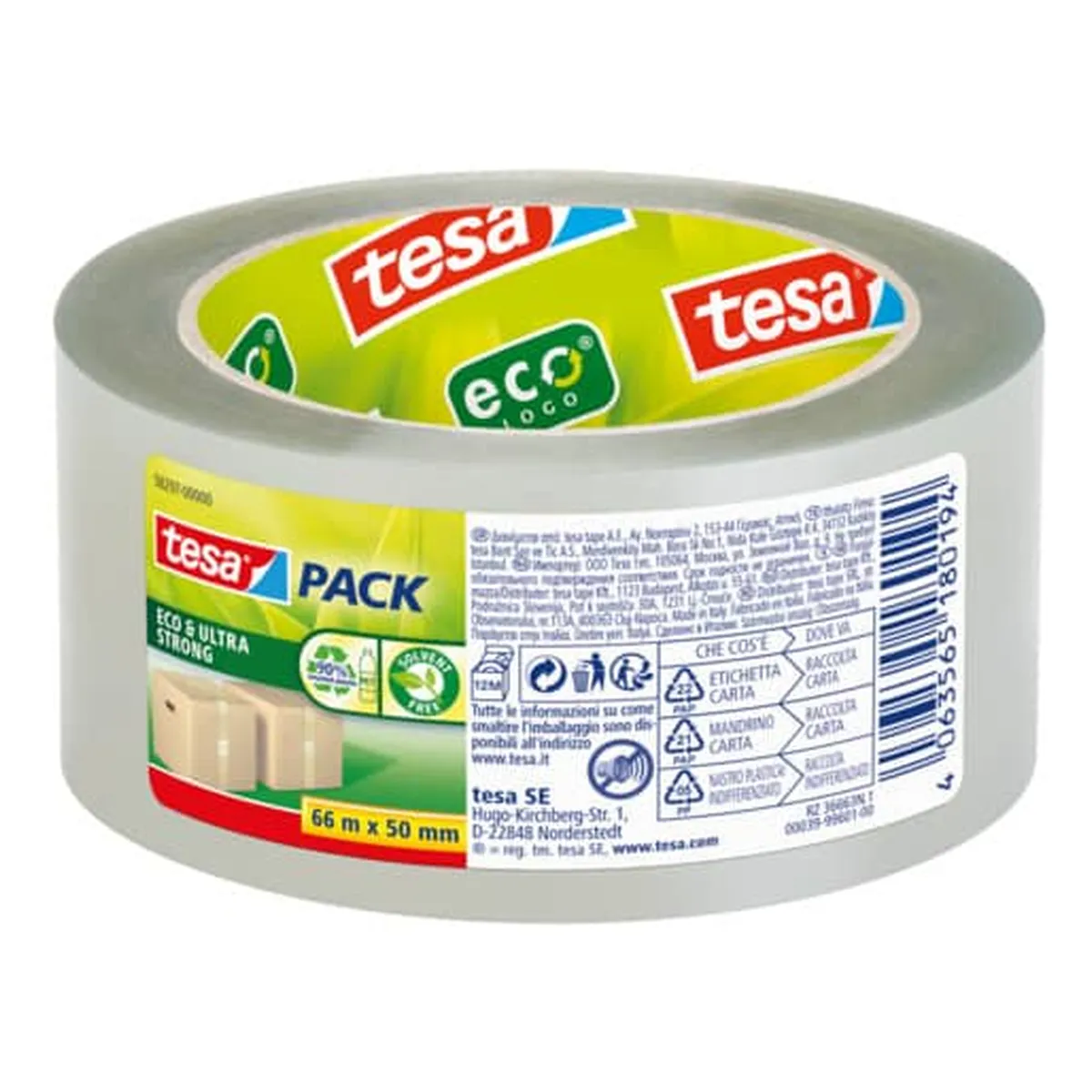 tesa® Packband tesapack® Eco & Ultra Strong ecoLogo® - PET, 50 mm x 66 m, transparent