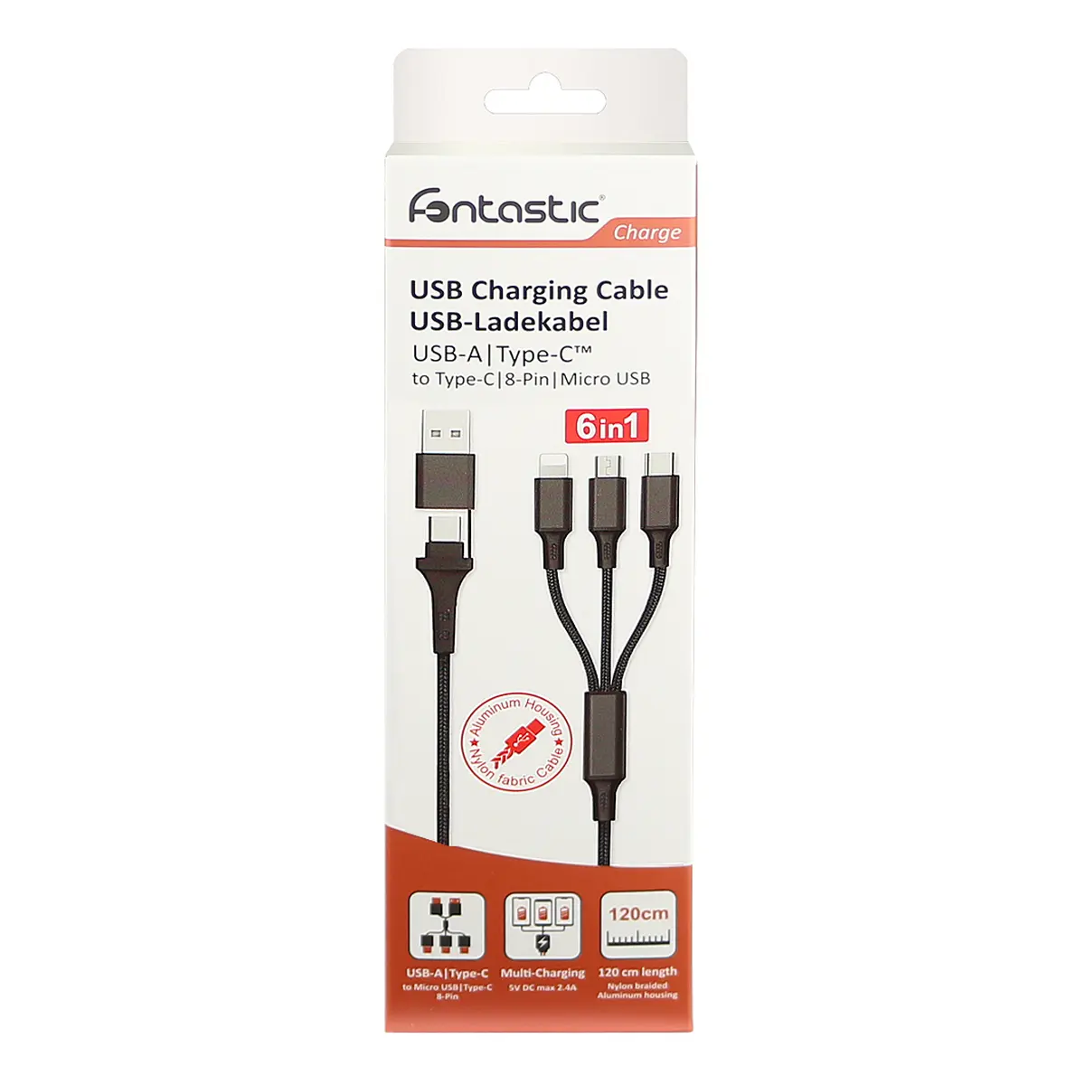 Fontastic 6in1 Ladekabel USB-A/Type-C/8-Pin/Micro USB 1.2m schwarz