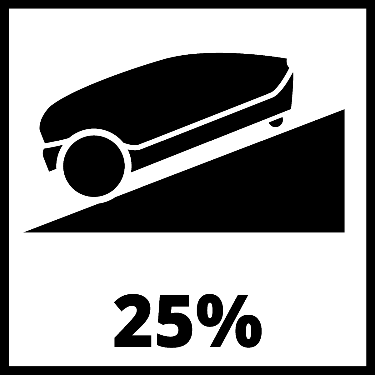 Abbildung eines Mähroboters der einen Berg hochfährt mit einer 25 % Steigung in schwarz-weiß