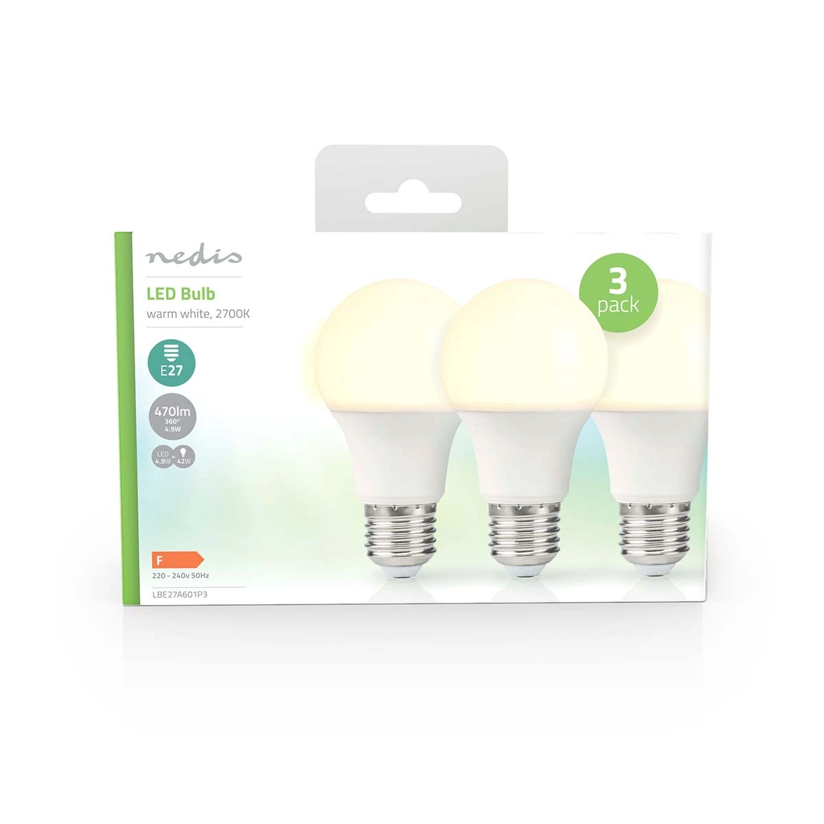 Nedis 3 LED-Lampen E27 4,9 Watt nebeneinander in der Verpackung