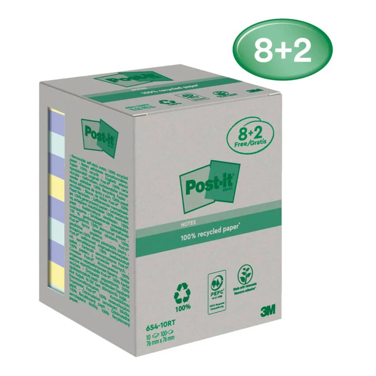 Post-it® Haftnotizblock Recycling Notes - 76 x 76 mm, sortiert, 10 x 100 Blatt