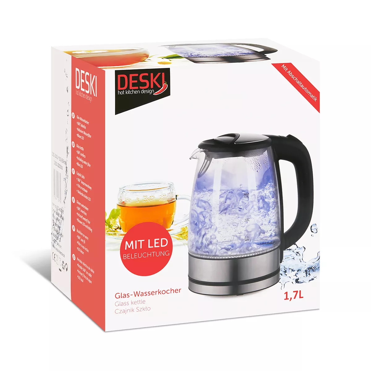 Design LED Glas- Wasserkocher, 1,7 Liter