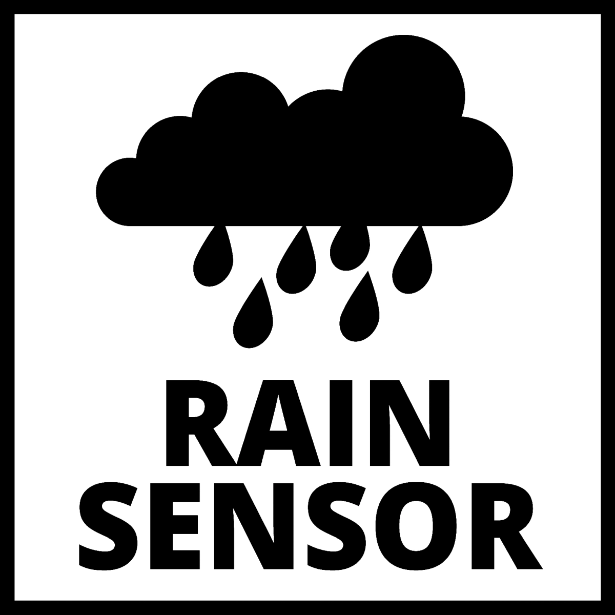 Eine Abbildung einer Wolke mit Regentropfen und dem Schriftzug "RAIN SENSOR" in schwarz-weiß